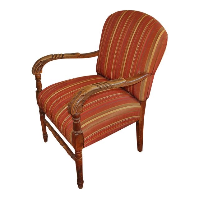 Taffeta & Silk Striped Carved Details Arm Chair For Sale