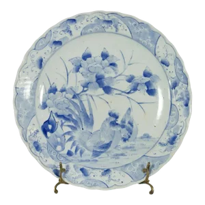 19th Century Japanese Hand-Painted Blue and White Porcelain Plate with Roosters