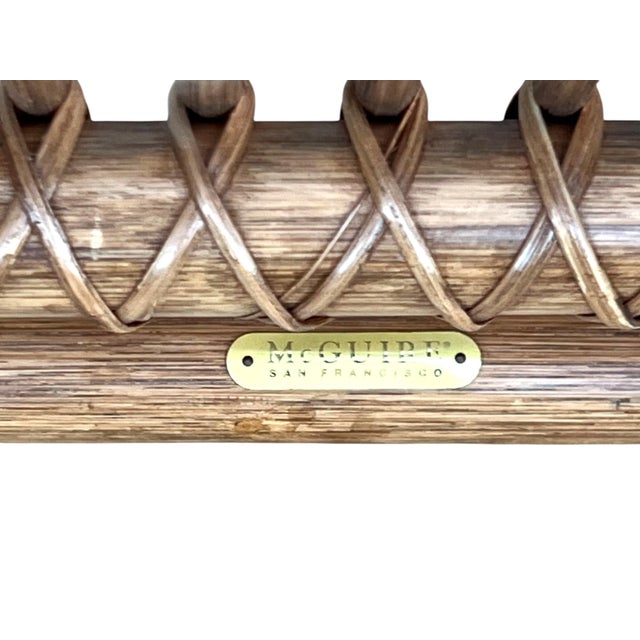 1980s McGuire Thebes Rattan‑Weave Ottoman, Natural Satin Finish, 5" Needlepoint Cushion For Sale - Image 13 of 13