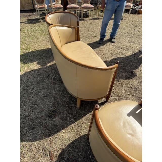 Wood 1940s French Art Deco Leather Solid Mahogany Barrel Back Club Chairs and Settees - A Set of 3 Piece For Sale - Image 7 of 17