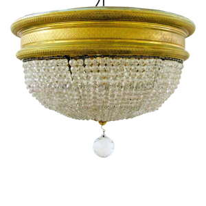 19th Century French Restored Round Crystal Prism Three Light Flush Mount Ceiling