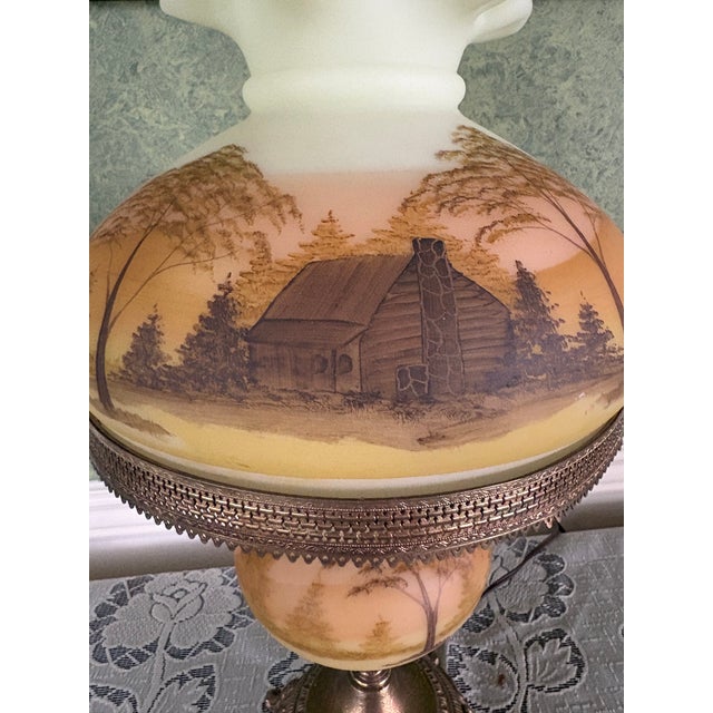 Fenton Art Glass Company Fenton Log Cabin Hurricane Lamp Hand Painted on Custard Glass For Sale - Image 4 of 14