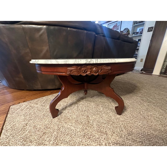 Coffee Vintage Oval Marble-Top Coffee Table With Carved Floral Apron (Nice) For Sale - Image 8 of 12