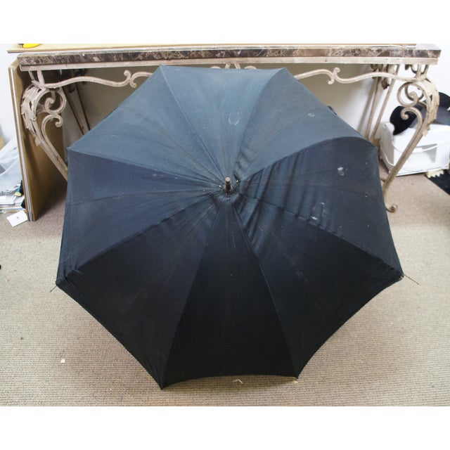 Antique Silverplate Greyhound Dog Head Black Umbrella Oak Walking Stick Cane 38" For Sale - Image 10 of 18