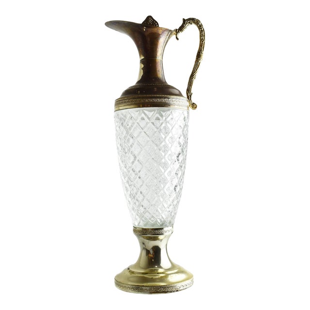 Vintage Victorian Italian Silver Plated Diamond Cut Pattern Glass Wine Decanter Claret Jug For Sale