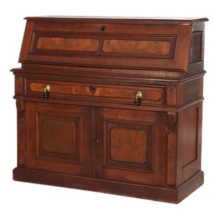 Antique Walnut & Burl Drop Front Desk With Teardrop Pulls C1880 For Sale