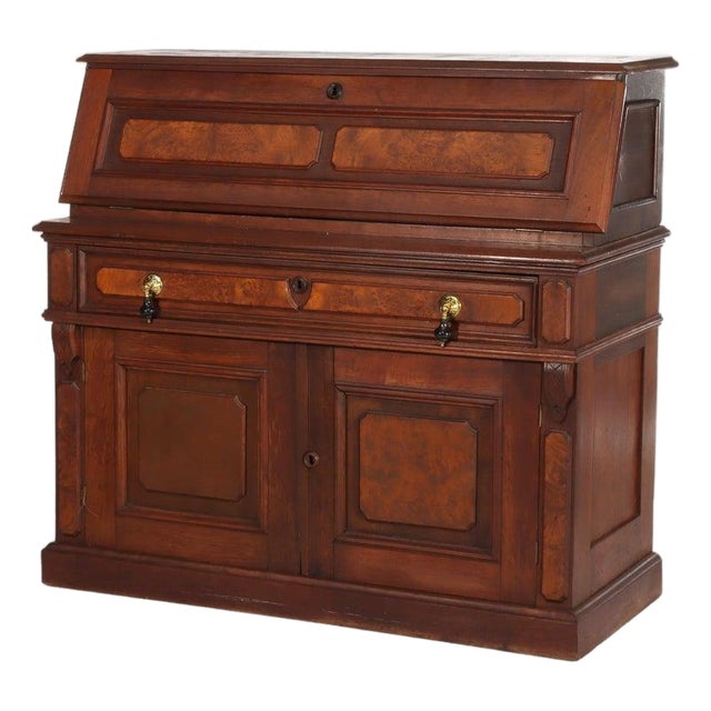 Antique Walnut & Burl Drop Front Desk With Teardrop Pulls C1880 For Sale