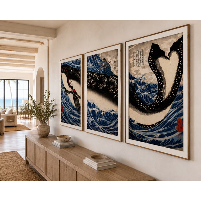 Japanese Whale Triptych Reproduction, Coastal Nautical Art Print Set of 3, 20" X 30" For Sale In Buffalo - Image 6 of 9