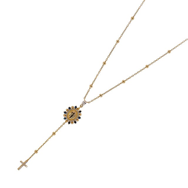 Sapphire & Diamond Virgin Mary Cross Pendant Gold Chain Necklace For Sale In Miami - Image 6 of 9