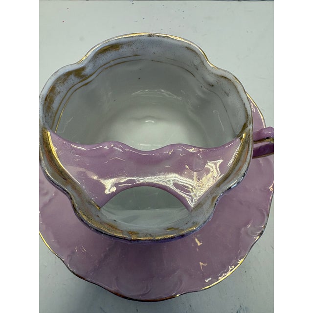 Ceramic Antique Victorian Rose Pink Porcelain Tea Cup & Saucer | Holds 10–12 Oz Applied Floral Relief | Gilded For Sale - Image 7 of 10