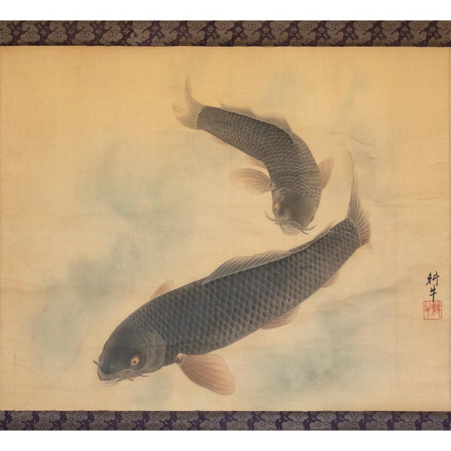 1900-1940s Large Japanese Silk Scroll Painting "Two Carps", Signed and Sealed For Sale - Image 4 of 15
