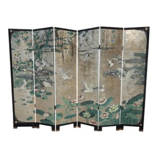 Vintage Silver Chinese Asian Six Panel Screen ~ Room Divider W Heron Birds For Sale