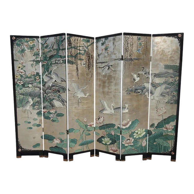 Vintage Silver Chinese Asian Six Panel Screen ~ Room Divider W Heron Birds For Sale