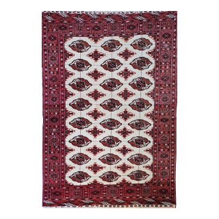 Vintage Turkmen Area Rug in All Over Geometric Pattern in Ivory, Red, Black For Sale