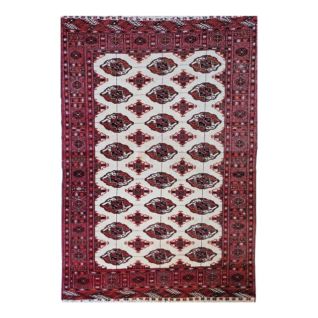 Vintage Turkmen Area Rug in All Over Geometric Pattern in Ivory, Red, Black For Sale