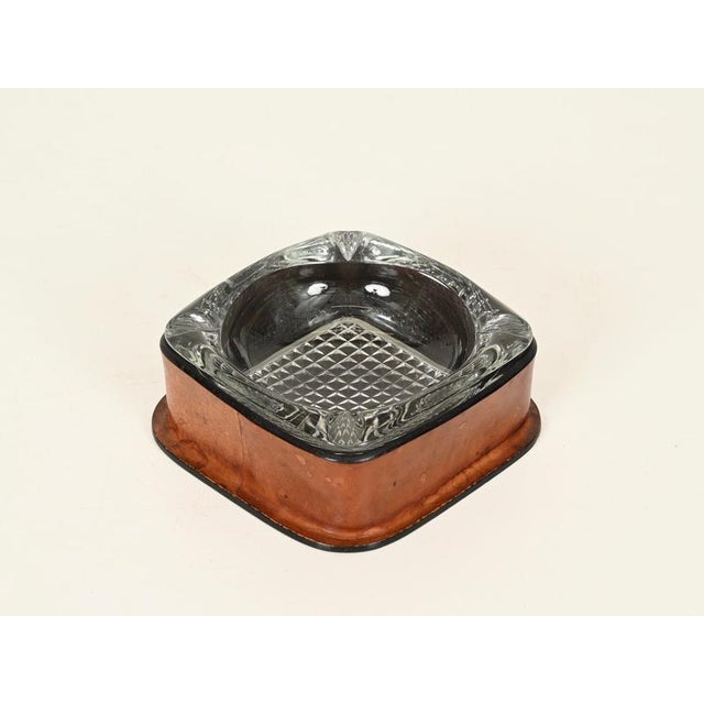 Brown French Leather and Cut Crystal Ashtray attributed to Jacques Adnet, 1960s For Sale - Image 8 of 18