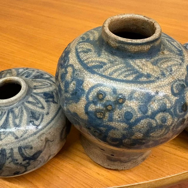 Set of 3 Antique 19th Century Vietnamese Blue and White Stoneware Jars For Sale - Image 9 of 15