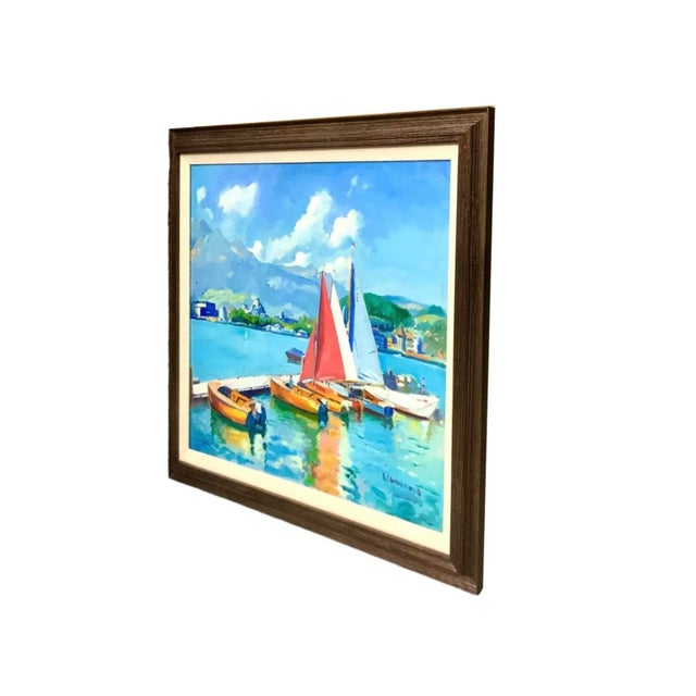 Nautical Late 20th Century Nautical Acrylic Painting, Signed Sailboats by Port in Spain, Framed, 38"w For Sale - Image 3 of 9