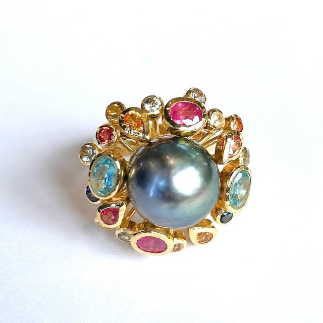 Contemporary Bochic “Orient” Tahiti South Sea & Multi Sapphire Cluster Ring Set 18K & Silver, Size 6 For Sale - Image 3 of 10