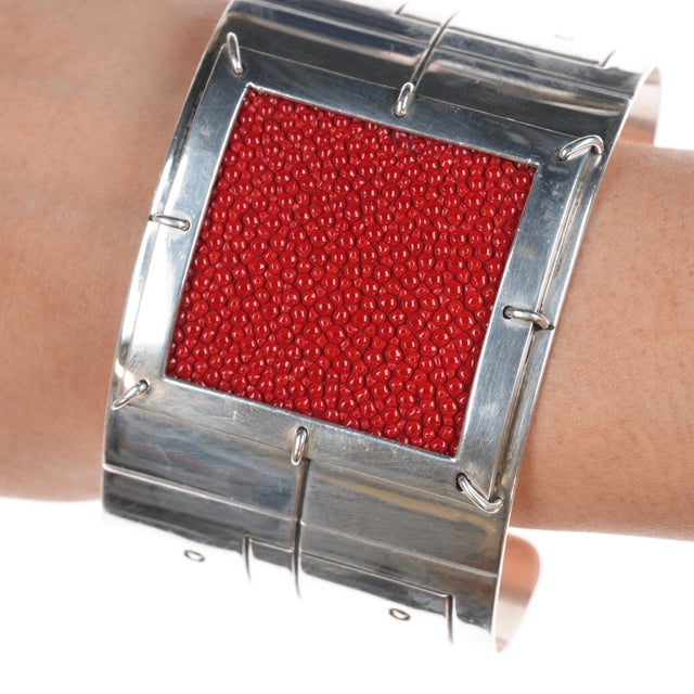 8" Ernest Bilagody Navajo silver and stingray modernist cuff bracelet. Fits up to an 8" wrist including the 1 5/8" gap....