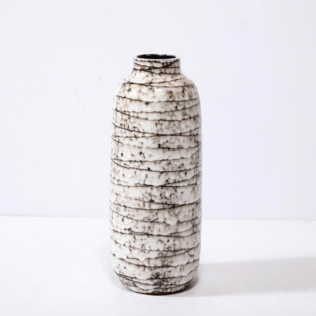 1960s Mid-Century Modernist White and Earth Toned Horizontally Striated Ceramic Vase For Sale - Image 5 of 11