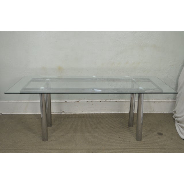 Mid Century Modern Chrome Base Rectangular Glass Top Dining Table