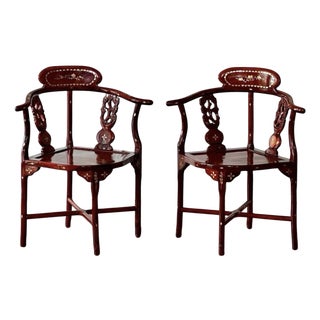 Pair of Chinese Rosewood Corner Chairs With Mother-of-Pearl Inlay, C. 1940 For Sale