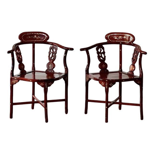 Pair of Chinese Rosewood Corner Chairs With Mother-of-Pearl Inlay, C. 1940 For Sale
