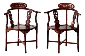 Pair of Chinese Rosewood Corner Chairs With Mother-of-Pearl Inlay, C. 1940