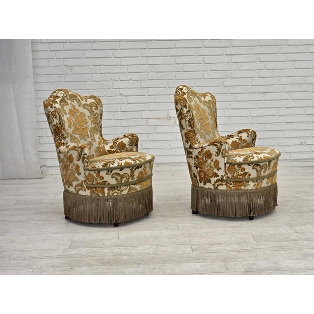 1970s, pair of 2 small Danish armchairs. Original brown/beige furniture fabric, beech wood legs, springs in the seat....