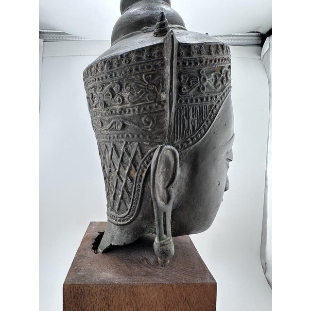 Vintage Bronze Crowned Buddha Head in Thai Ayutthaya Style. Wood Base Sculpture For Sale In New York - Image 6 of 11