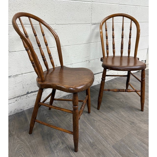 Antique Rustic Farmhouse Windsor Hoop Back Bow Back Spindle Dining Chairs - Pair For Sale - Image 4 of 10