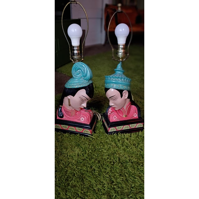 Vintage 20th Century Asian inspired Art Deco Lamps. Excellent Condition. Hand painted. Work great