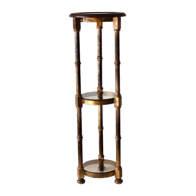 Maitland Smith Style Vintage Hollywood Regency Gilded Metal Wood Smoked Glass Three Tiered Plant Stand For Sale