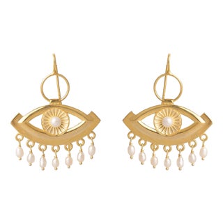Pearl Vision Evil Eye Gold Dangle Earrings, A Pair For Sale