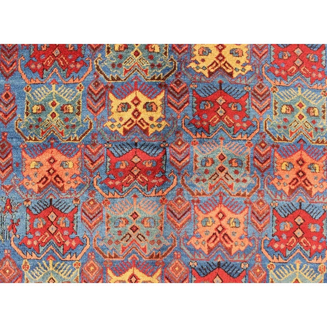 Antique Persian Afshar Rug in Blue Background, Terracotta Red Border & Lt. Green Square Shape 4'2"x5'1" For Sale In Atlanta - Image 6 of 7