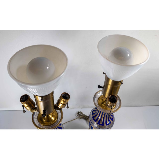 19th Century Pair of Bohemian Cameo Glass Table Lamp Vases With Greek Key Design in Blue For Sale - Image 14 of 16