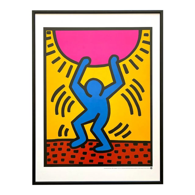 Keith Haring Estate Vintage 1989 Lithograph Print Framed Pop Art Poster " International Youth Year " 1985 For Sale