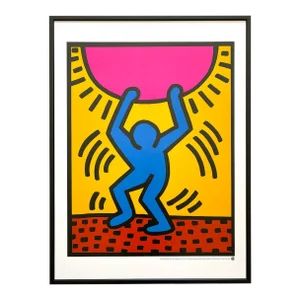 Keith Haring Estate Vintage 1989 Lithograph Print Framed Pop Art Poster " International Youth Year " 1985