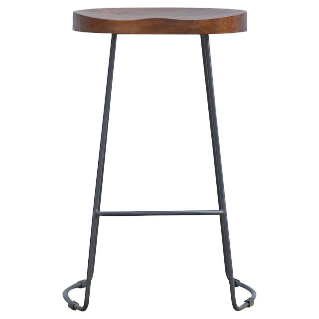 Wooden Bar Stool With Metal Frame and Oak Seat For Sale - Image 4 of 8