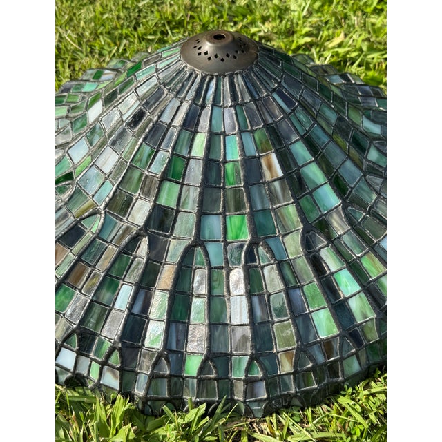 Mid-20th Century 20'' Tiffany-Style Leaded Green Slag Glass Lotus Leaf Lamp Shade For Sale - Image 11 of 18
