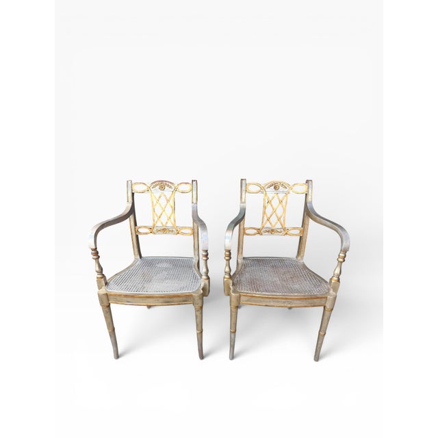 Wood Pair of Vintage Maitland-Smith Silver & Gold Leaf Neoclassical Armchairs With New Designer Cushions For Sale - Image 7 of 14