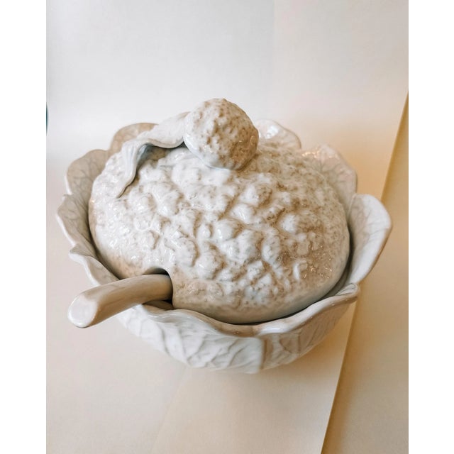 French Country Vintage Cabbage Cauliflower Vegetable Soup Tureen With Ladle Made in Portugal For Sale - Image 3 of 8