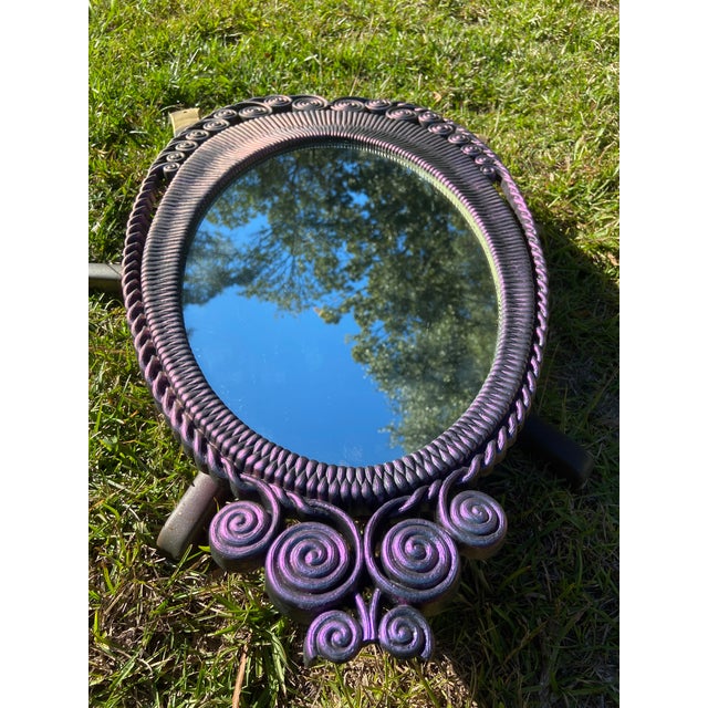 Vintage Faux Wicker Rattan Homco Bathroom Vanity Wall Hanging Mirror, Colorshifting Purple Oval Mirror For Sale In Charleston - Image 6 of 7
