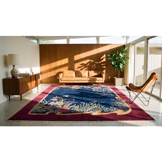 1920s Blue Navy Medallion Antique Chinese Art Deco Carpet 8' 9" X 11' 5" Knotted Wool Rug For Sale - Image 12 of 13