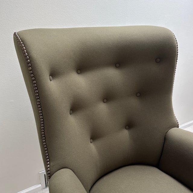 Hickory Chair Furniture Company Early 2000s Hickory Chair Isaac Wing Chair in Olive Wool Felt Upholstery For Sale - Image 4 of 12