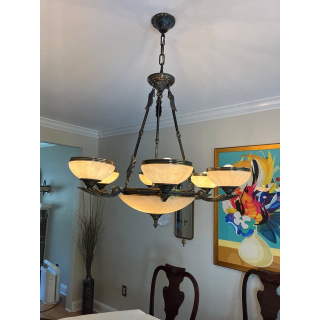 Traditional Alabaster and Brass 6 Light Chandelier For Sale - Image 3 of 3