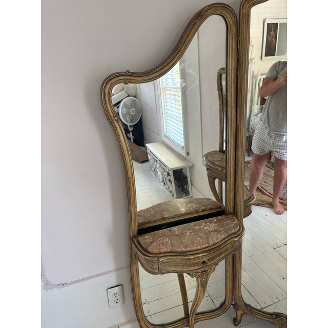 French Louis XV Style Giltwood Triptych Dressing Mirror Vanity With Marble Consoles and Matching Stool For Sale - Image 12 of 12
