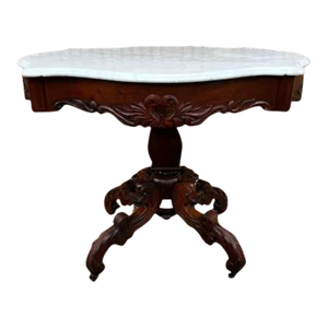 Antique 19th Century Victorian Style Carved Walnut and Marble Top Center Table