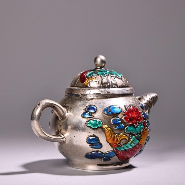 Asian Late 19th Century Asian Silver-Plated Enamel Teapot With Fish Motif For Sale - Image 3 of 10